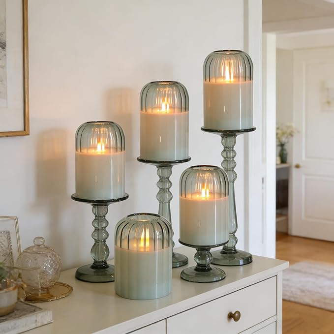 MUMCHASI Green Flameless Battery Operated Candles with Remote, Set of 5 Glass Jar LED Candles with Dancing Flame, Flickering Electric Candlelight for Home Wedding Party Decor H4”5”5”6" 6”