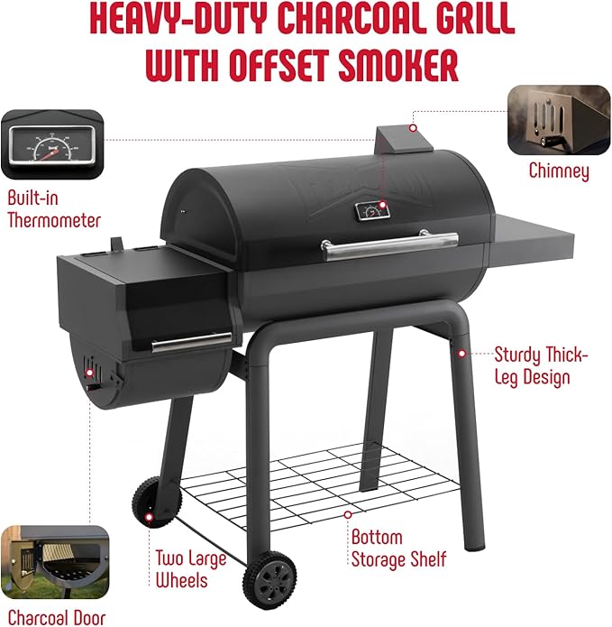 Feasto Heavy-Duty 30-Inch Charcoal Grill with Offset Smoker Grill, Side Table & 815 Sq. In Cooking Space, Outdoor BBQ Grill for Outdoor Barbecue in Backyard, Patio and Parties, Black