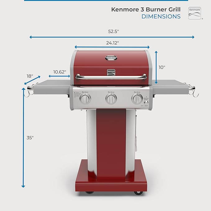 Kenmore 3-Burner Outdoor BBQ Grill | Liquid Propane Barbecue Gas Grill with Folding Sides, PG-A4030400LD-RD, Pedestal Grill with Wheels, 30000 BTU, Red