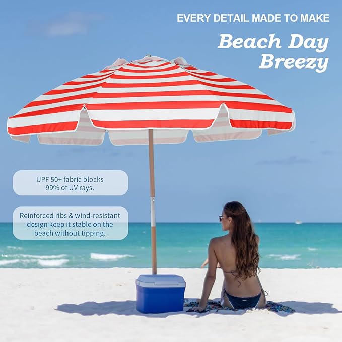 AMMSUN 7.5ft Heavy Duty HIGH Wind Beach Umbrella Commercial Grade Patio Beach Umbrella with Air Vent Ash Wood Pole & Carry Bag UPF50+ Protection Red White