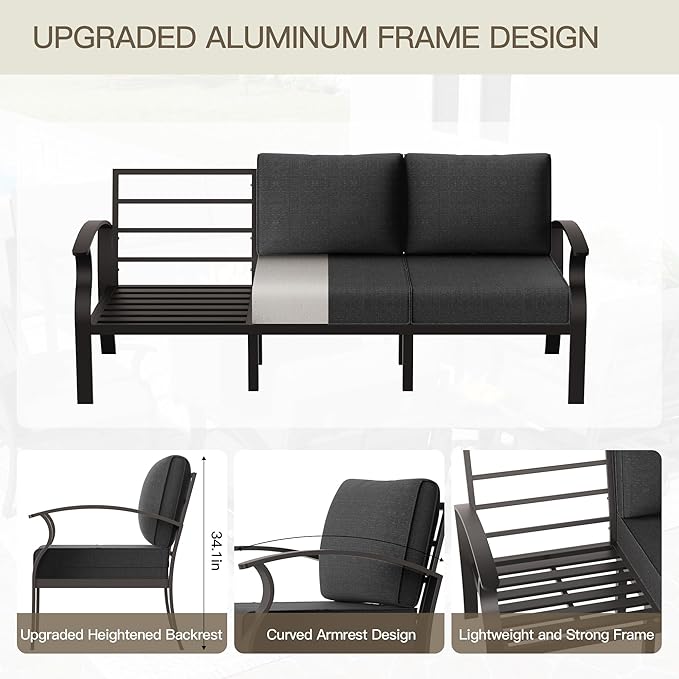 Aluminum Patio Furniture Set with 55,000 BTU Propane Fire Pit Table, 10 Seats Metal Modern Outdoor Furniture w/5.1" Cushions, Sectional w/Swivel Chairs for Backyard, Dark Grey