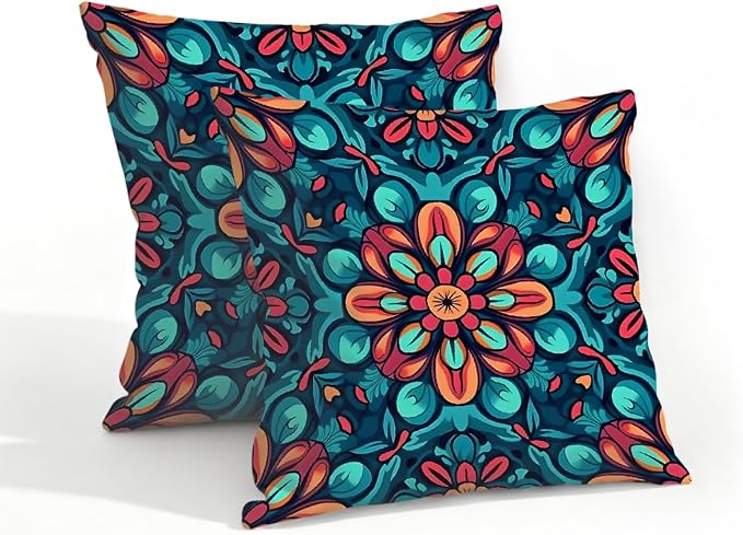 18x18 Inch Outdoor Pillow Covers Set of 2 Waterproof Throw Pillow Covers Decorative Couch Cushion Covers Boho Mandala Floral Square Pillowcases Protectors for Patio Garden Sofa