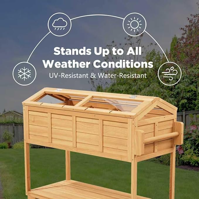 Raised Garden Beds on Wheels with Legs and Cover Elevated Herb Planter Box Cart Outdoor with Bed Liner,Storage Shelf,Seed Starter Tray for Backyard Patio Gardener Porch Outside (Country Rustic)