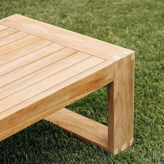 TITAN GREAT OUTDOORS Ash & Ember Sierra Grade A Teak Coffee Table, 16" Tall Outdoor Hand-Sanded Accent Table, 59.75"x24" Slated Tabletop, Reinforced with Finger Joints & Solid Brass Hardware