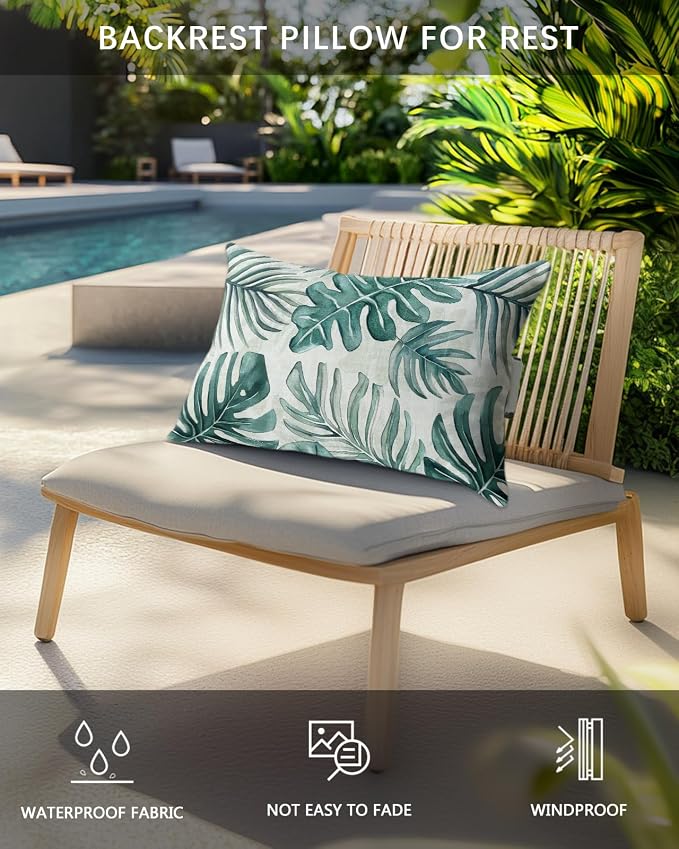 Pack of 2 Outdoor Lumbar Pillow Covers 12x20 Inch, Turquoise Monstera Deliciosa Waterproof Throw Pillow Covers Set, Summer Botanical Tropical Decorative Cushion Cases for Patio Porch Car