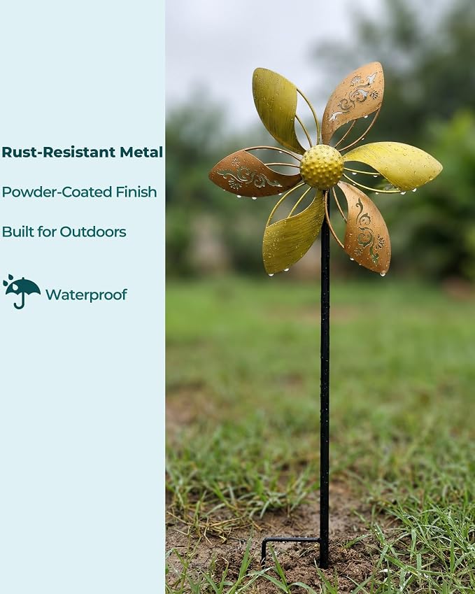 Metal Wind Spinner for Yard, 37" Kinetic Garden Decor | Rust-Resistant Finish, Smooth Rotation, Elegant Floral Design, Tool-Free Setup, Outdoor Yard Art