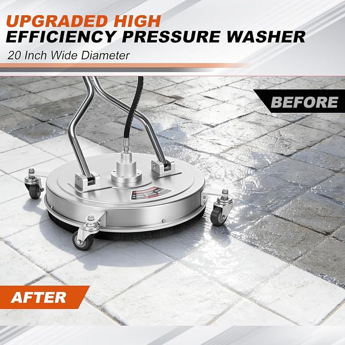 20" Pressure Washer Surface Cleaner, 4500PSI Stainless Steel Surface Cleaner for Pressure Washer with 4 Wheels, Power Washer Surface Cleaner for Concrete, Patio, Sidewalk, Deck and Driveways