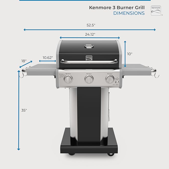Kenmore 3-Burner Propane BBQ Grill, 30,000 BTUs Gas Grill with Cast Iron Cooking Grates, Folding Side Tables & Wheels, Outdoor Grill with Tool Hooks, Black