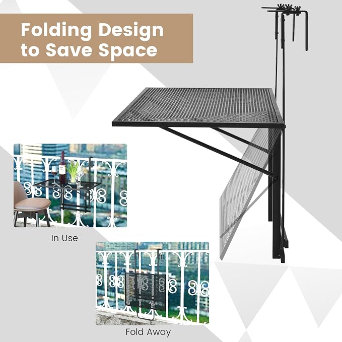 Giantex Outdoor Folding Hanging Table with 5-Level Height, Anti-Rust Coated, Suits for 1.4” -4” Railings, Space-Saving Balcony Side Railing Table for Indoors Outdoors