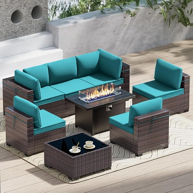Outdoor Terrace Furniture Set, 8 Piece Outdoor Furniture Set, with 43 inch Aluminum 55004 BTU Propane fire Pit, PE Willow Vine Terrace Dialogue Set - Teal.