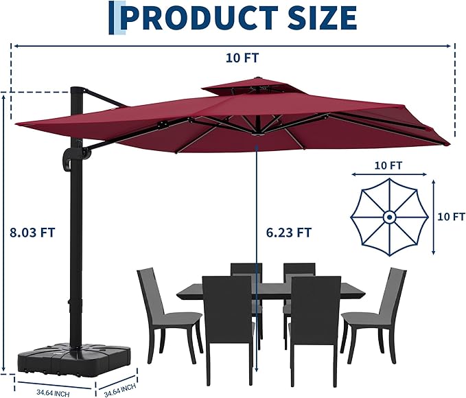 10x10 FT Square Outdoor Umbrella with Base, Cantilever Patio Umbrella with 360° Rotation & Adjustable Height, Heavy Duty Aluminum Umbrella Outdoor Patio for Garden Poolside,Burgundy Red