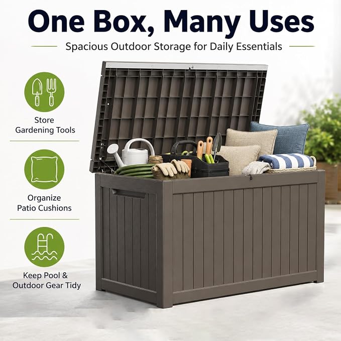 Outdoor Deck Patio Storage Box - 280 Gallon Large Outdoor Deck Box, Plastic Storage Bin with Lid, Outside Toy Box & Pool Storage Container for Cushions, Garden Tools, Towel, Brown