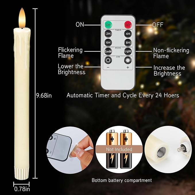 JOIONE Flameless Taper Candles with Remote, 6 Pack Real Wax LED Battery Operated Candle with Flickering Flame, Safe Home Décor for Living Room, Bedroom, and Dining Table, Dripping Wax Ivory