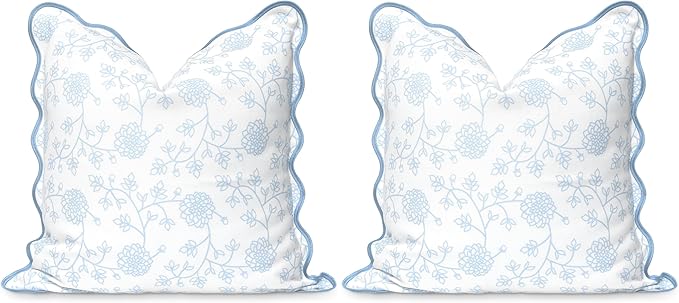 Hofdeco Premium Coastal Patio Indoor Outdoor Scalloped Throw Pillow Cover Only, 20"x20" Water Repellent for Backyard, Couch, Baby Blue Print Dahlia Floral (Pack of 2)