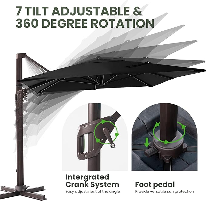 9' X 12' Cantilever Patio Umbrella Rectangular Outdoor Large Offset Umbrellas with 7 Tilts Adjustable 360°Rotation for Deck Pool Garden Backyard, Black