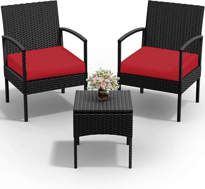 PROHIKER 3 PCS Patio Rattan Conversation Bistro Chairs Set, Outdoor Patio Furniture Wicker Bistro Set with Coffee Table for Garden Porch Balcony Yard Lawn, Red