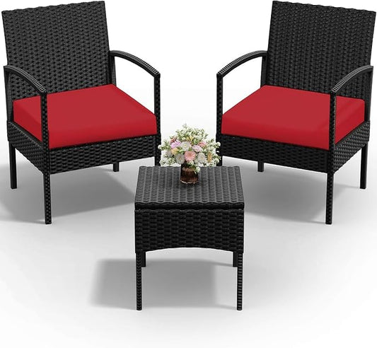PROHIKER 3 PCS Patio Rattan Conversation Bistro Chairs Set, Outdoor Patio Furniture Wicker Bistro Set with Coffee Table for Garden Porch Balcony Yard Lawn, Red