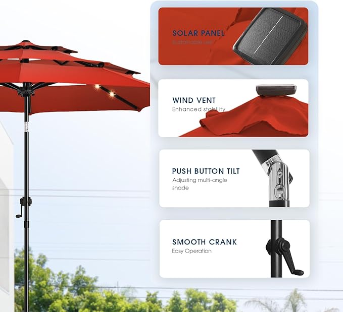 wikiwiki 9FT 3Tiers Solar Led Patio Umbrella, Sturdy Outdoor Market Umbrella for Deck, Pool, Garden w/Tilt, Crank, 32 LED Lights, Red