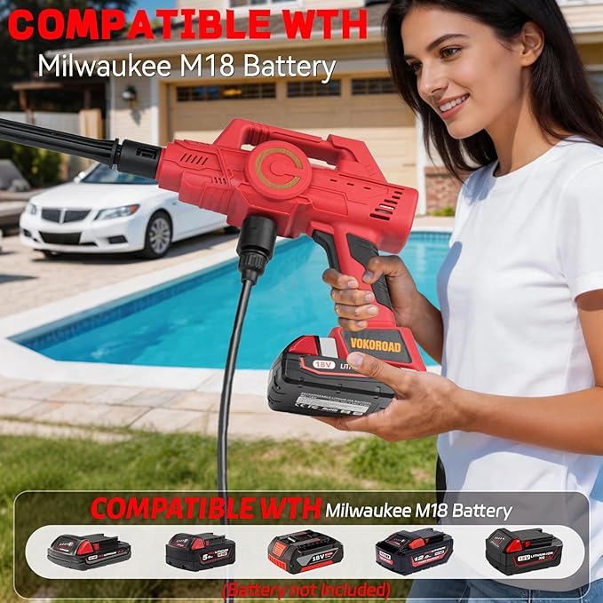 Cordless Car Cleaner Tool Compatible with Milwaukee M18 Battery, Portable Power Yard Cleaner with 6-in-1 Nozzle + Garden Hose Connector, Handheld Water Cleaner for Car/Garden/Boat (Tool Only)