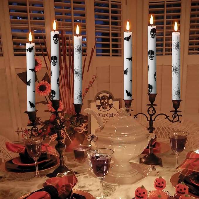 Eldnacele Flameless Taper Candles Flickering with Remote and Timer, Battery Operated LED Taper Candles Skull Bats Spider Decals Real Wax Halloween Indoor Decoration(6 Pack, 0.78 x 9.64 Inches)
