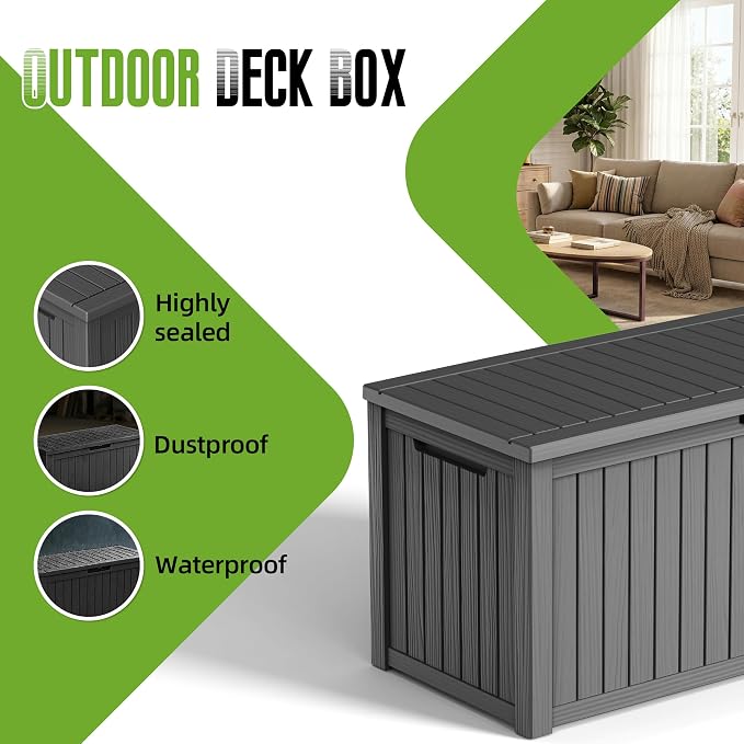 200 Gallon Outdoor Storage Deck Box Waterproof Resin Lockable Outside Bench Porch Patio Furniture Pool Float Garden Tool Cushion UV Resistant Bin Black