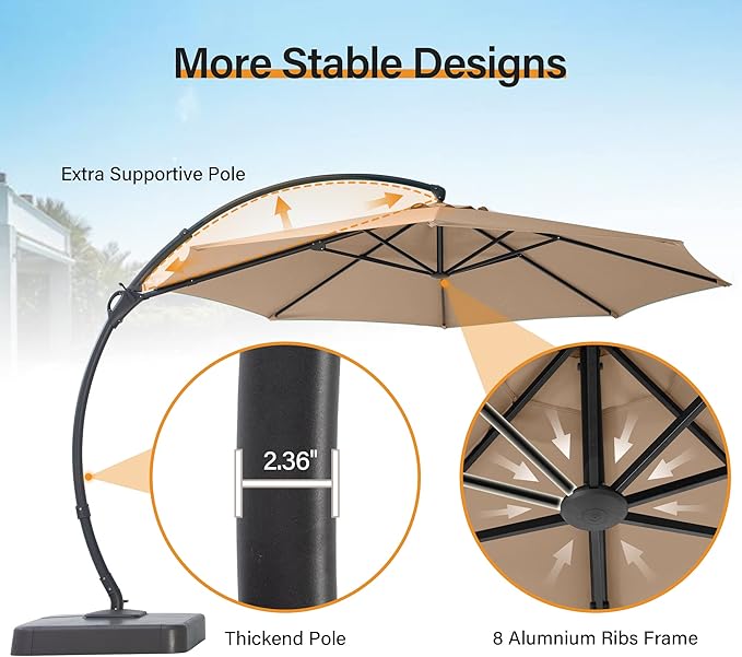 LAUSAINT HOME Outdoor Patio Umbrella with Base included, Deluxe Curvy Cantilever Umbrella Heavy Duty Offset Hanging Umbrella