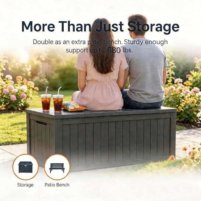 199 Gallon Large Resin Outdoor Storage Box, Waterproof Deck Box with Lockable Lid, Outside Storage Box for Patio Furniture, Pool Accessories, Garden Tools, Storage Bench for Backyard, Porch, Black
