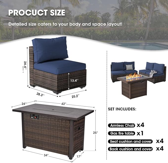 Outdoor Sectional Furniture, 5 Piece Patio Furniture Set with 42-inch Fire Wicker Propane Fire Pit Table - All Weather Wicker Rattan Couch Sofa Conversation Set for Backyard Lawn Poolside Deck, Blue
