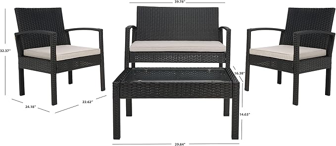 SAFAVIEH Outdoor Collection Bassey Black/Light Grey Cushion 4-Piece Conversation Patio Set