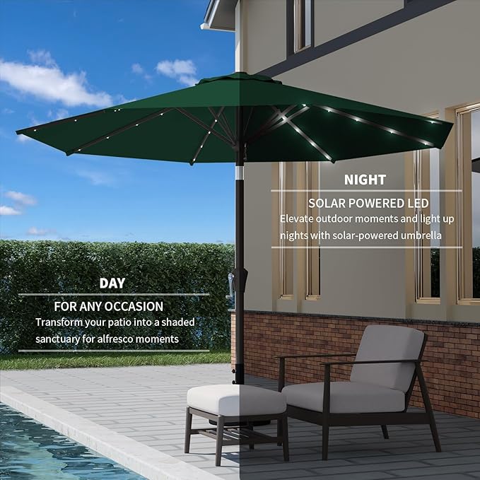 9FT Patio Umbrella with Solar Lights,Outdoor Market Umbrella with Tilt and Crank, LED Lighted Table Umbrella for Garden,Deck,Backyard,Pool,Beach (Dark Green)