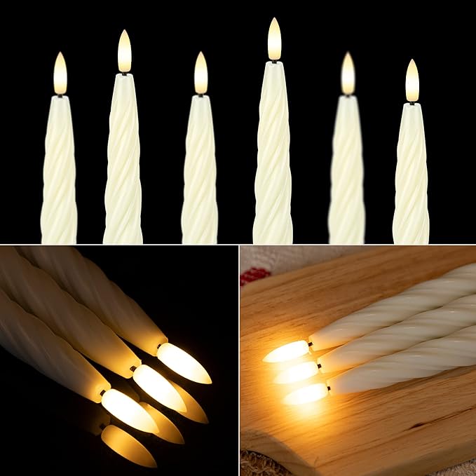 Flameless Taper Candles with 3D Wick, 9.6" Real Wax LED Candles with Remote and Timer, 3 Pack Flickering Candlesticks Battery Operated, Spiral Taper Candle for Home, Wedding, Party, Ivory