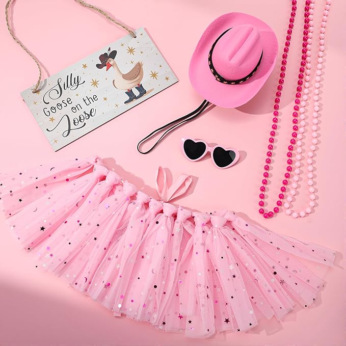 6pcs Pink Princess Porch Goose Outfits for 17-23 Inches Lawn Goose | Tutu Skirt Cowboy Hat Glasses Necklaces Wooden Sign for Outdoor Garden Lawn Art Decor