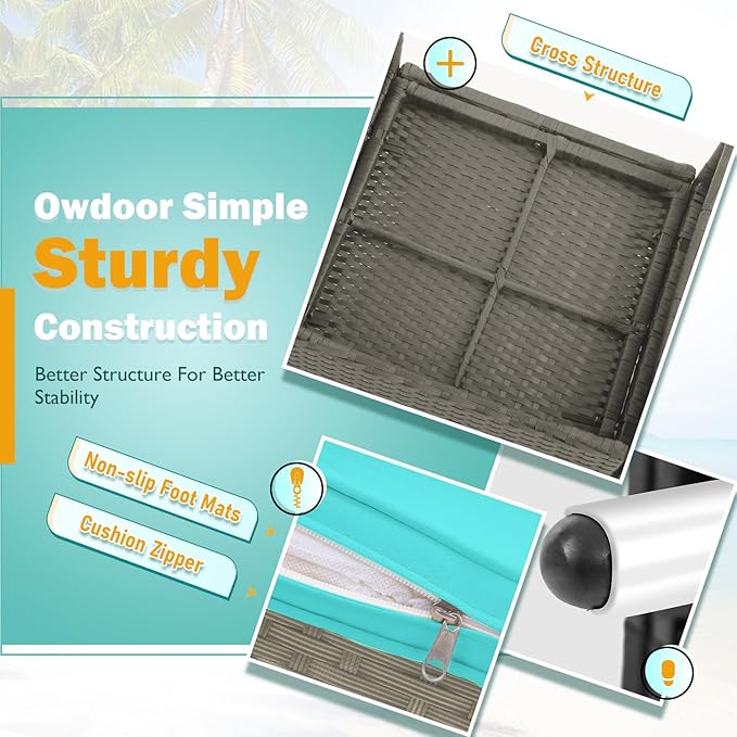 PayLessHere Set of 3 Outdoor Furniture Set Patio Furniture Set Gray Conversation Set with 2 Rattan Chairs Glass Coffee Table for Coffee Bar Poolside Patio Outdoor, Blue Cushions