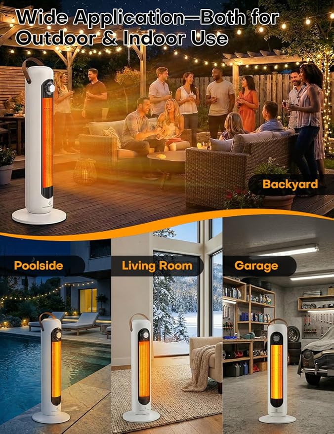 Patio Heaters for Outdoor Use w/4 Modes, Heating 350Sq.ft in 1S, 1500W PTC Ceramic Electric Heater, Overheating & Tip-Over Protection, 70° Oscillating Space Heaters for Indoor Use Large Room