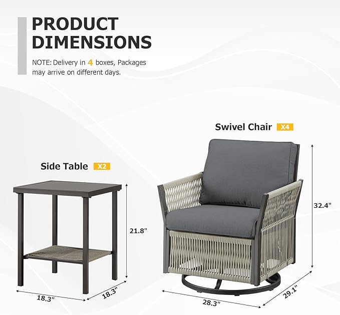 6 Piece Wicker Patio Furniture Set with Side Table, Outdoor Swivel Rocker Chairs Set of 4 with Glass Side Tables Set of 2, Patio Conversation Set for Casual Gathering (Grey)