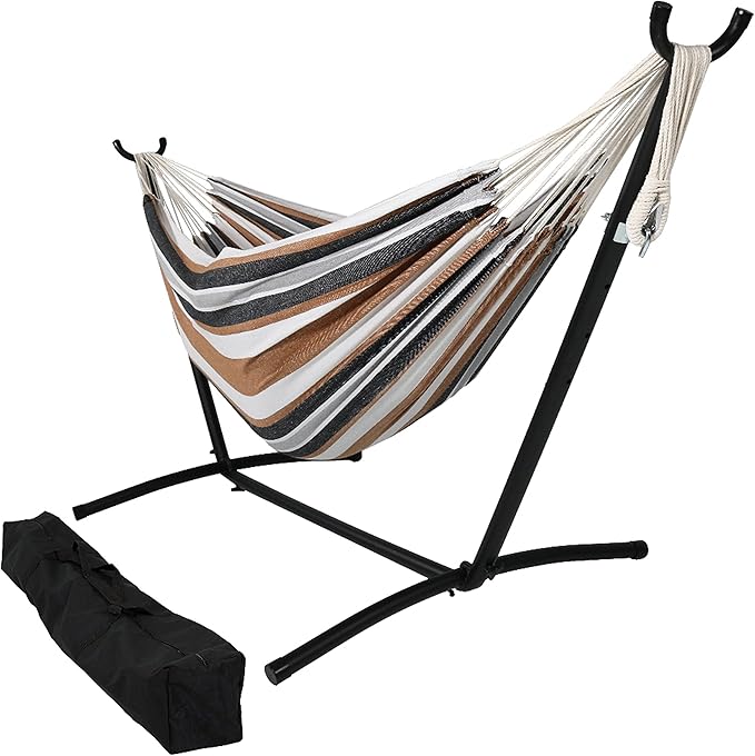 Sunnydaze Double Brazilian Hammock with Stand and Carrying Case - 400-Pound Capacity - Black Stand - Calming Desert