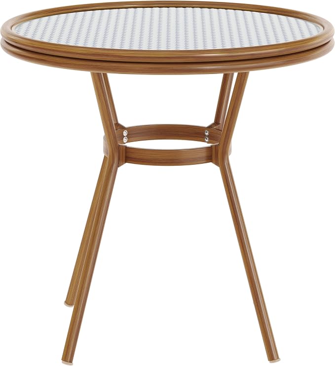 Flash Furniture Lourdes Indoor/Outdoor Commercial Bistro Table - Tempered Glass Top - PE Rattan - Natural Bamboo Print Aluminum Frame - 31.5" - White/Navy