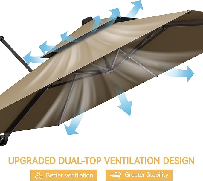 10x10 FT Patio Umbrella, Large Cantilever Double Top Heavy Duty Offset Umbrellas with 360° Rotation, Outdoor shade for Garden Deck Pool, Tan