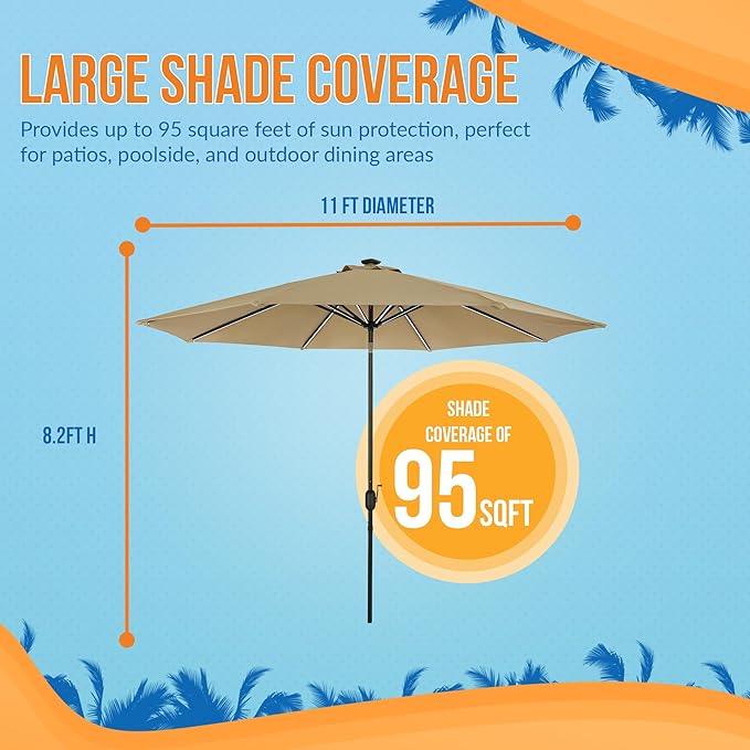 Island Umbrella Calypso 11 ft Octagon Patio Umbrella – With Crank Lift, Push-Button Tilt, Rust-Resistant Aluminum Pole, 8-Rib Frame, Solar LED Lights & Breez-Tex Weather-Resistant Canopy – Champagne