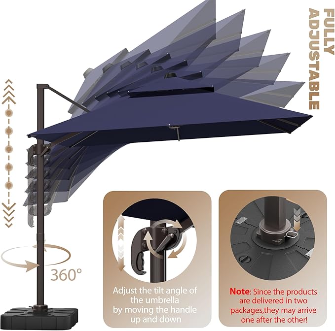 10x10Ft Patio Umbrella Outdoor Cantilever Rectangle Umbrella with Base Included, 6-Level Tilt & 360° Rotation Offset Umbrella for Garden, Deck, Pool(Navy Blue)