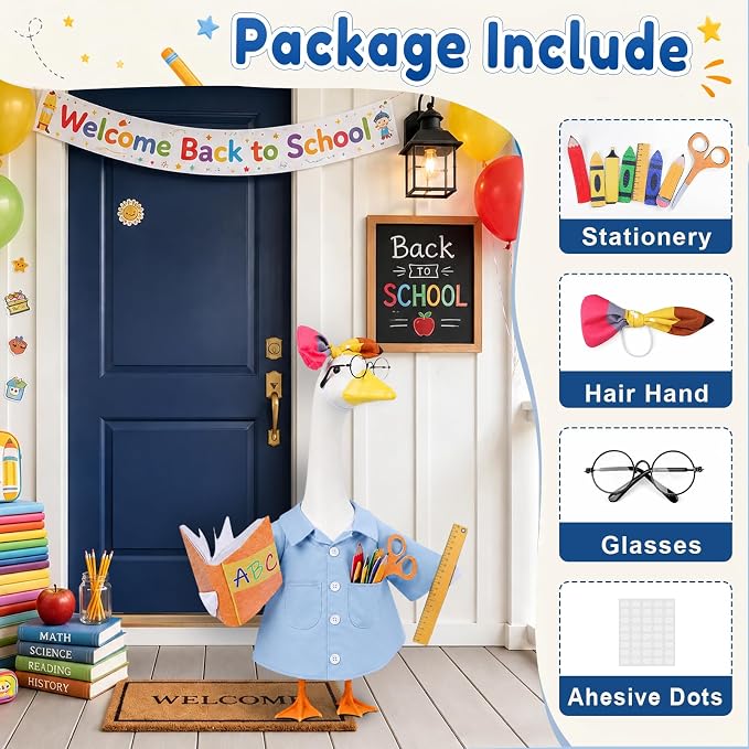 Teacher Porch Goose Outfit for 23 Inch Plastic Cement Goose Statue, Back to School Goose Clothes with Bows Hairband, Glasses & Felt Pencils, Classroom Porch Goose Costume for Yard Patio Lawn Decor