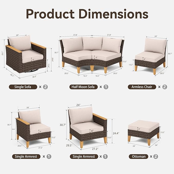 GREEN PARTY 10 Pieces Wicker Patio Furniture Set, All-Weather Outdoor Rattan Half-Moon Curved Patio Sectional Sofa Conversation Set 10 Seats for Garden, Backyard, 2 x Swivel Chairs