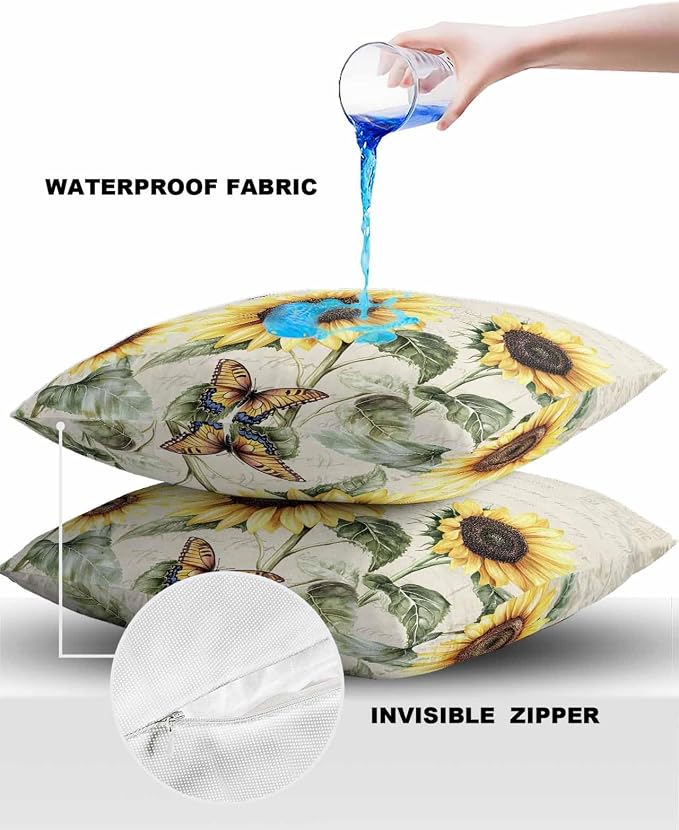 Sunflower Outdoor Waterproof Throw Pillow Covers 26"x26" Set of 2, Pastoral Style Sunflower Butterfly Decorative Garden Pillowcase with Zipper Retro Farmhouse Cushion Case for Patio Couch Tent