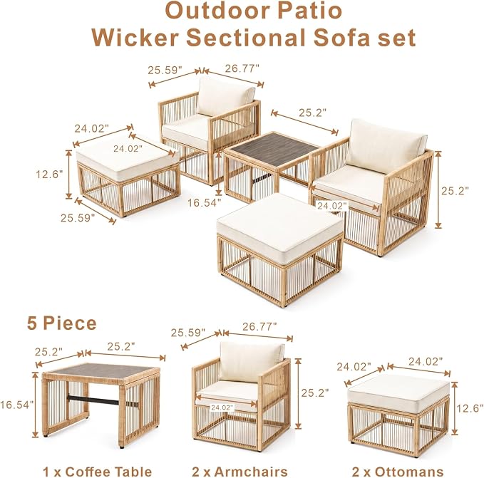 5 Piece Patio Furniture Set, Outdoor Sectional Sofa Set with 2 Ottomans, Coffee Table, Washable Cushions, All Weather Patio Wicker Conversation Set with Arm Chairs for Backyard, Porch, Balcony, Deck