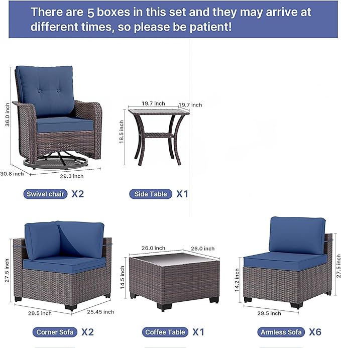 Gotland 12 Pieces Patio Furniture Set with Swivel Chair, PE Rattan Outdoor Furniture with 29.5'' High Backrest 4’’ Thick Cushions Coffee Table, Patio Set for Porch, Deck, Backyard, Navy