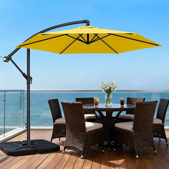 AreShark 10FT Patio Outdoor Umbrella, Offset Patio Umbrella Cantilever Umbrella, 6 Sturdy Ribs, Easy Adjustment for Garden Market Pool with Cross Base (Yellow)