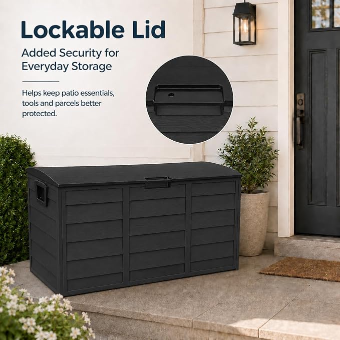 75 Gallon Resin Deck Box, Waterproof Outdoor Storage Box with Wheels, Lockable Lid and Handles, Large Deck Storage for Outdoor Gear, Patio Furniture Cushion, Gardening Tools, Jet Black