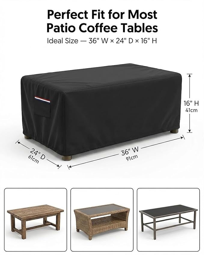 Waterproof Rectangular Patio Coffee Table Cover, 600D Heavy Duty Outdoor Furniture Protection Weather UV Resistant for Patio Furniture Protective Garden Table Cover 36 x 24 x 16 inches,Black