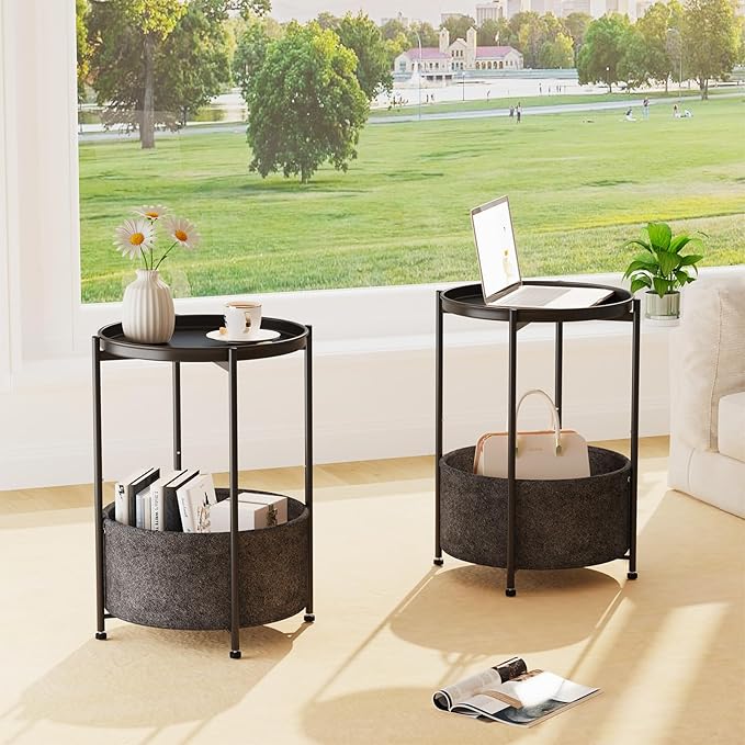 Garden 4 you Small Side Table, Mini Round End Table, Tray Table with Fabric Storage Basket, Modern Nightstand for Living Room, Bedroom, Patio, Small Space, Black