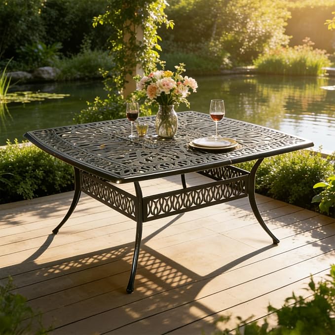 MEETWARM 64" Square Cast Aluminum Patio Dining Table, Weather-Resistant Large Outdoor Dining Table for 8 Person, Patio Furniture Table with Umbrella Hole and Adjustable Foot Pads, Dark Bronze